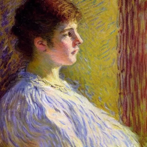 Image similar to 19th century portrait by Claude Monet!!!! of a young woman!!, looking at us!!, sunlight! oil painting-H 768