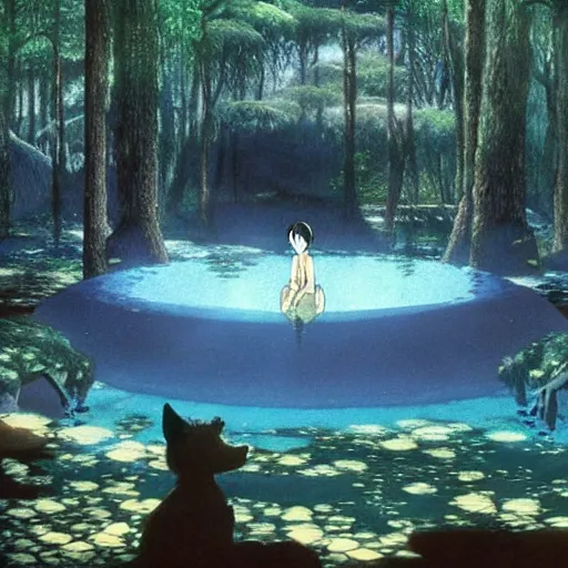 Image similar to a spirit wolf forest drinking water from an illuminated pool, hayao miyazaki, masashi ando, nizou yamamoto, kazuo oga, joe hisaishi, yoji takeshige, naoya tanaka