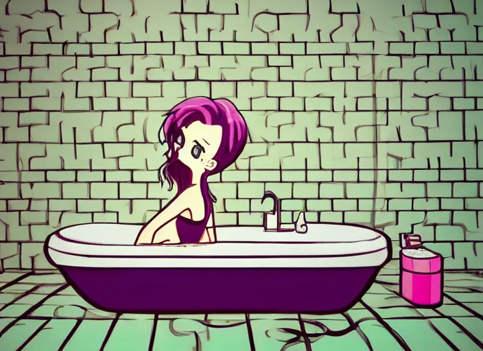 Image similar to girl in bathtub, bathroom, boring, anime, 1 9 9 0 s, retro style, aesthetic, chill, room