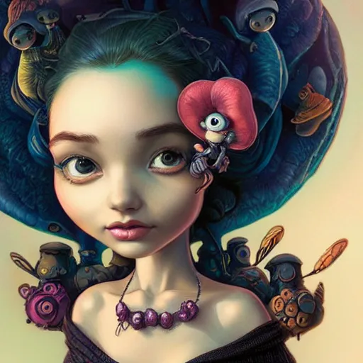 Image similar to Lofi portrait with a small creature, Pixar style by Joe Fenton and Stanley Artgerm and Tom Bagshaw and Tim Burton