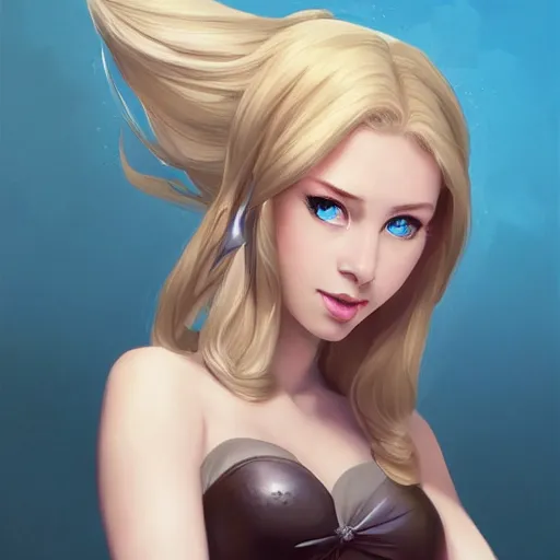 Image similar to portrait of beautiful girl with blond hair and blue eyes, League of Legend illustration by Sam Youn:1, profile picture by Gil Elvgren:2, Krenz Cushart:2, asymmetrical, Organic Painting, Ambient Occlusion:3, Matte Painting, bold shapes, hard edges, street art, trending on artstation, realistic:2 by Sachin Teng:5