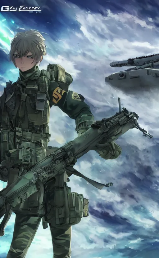 Prompt: girl, trading card front, future soldier clothing, future combat gear, realistic anatomy, concept art, professional, by ufotable anime studio, green screen, volumetric lights, stunning, military camp in the background, metal hard surfaces, generate realistic face, strafing attack plane