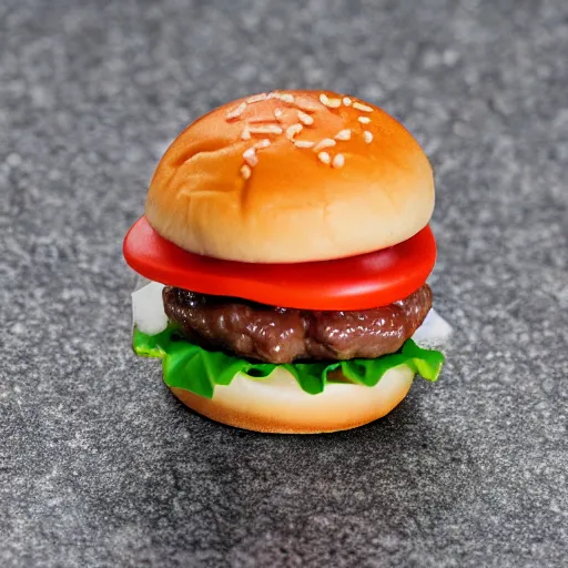 Image similar to macro photo of a miniature ho scale cheeseburger figure, taken with canon 8 0 d, canon 1 0 0 mm f / 2. 8