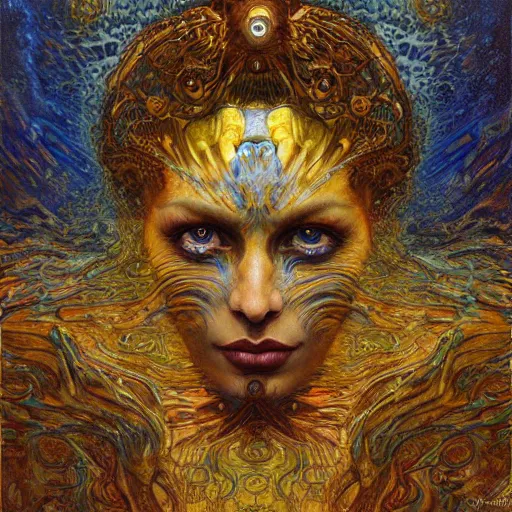 Prompt: Visions of Hell by Karol Bak, Jean Deville, Gustav Klimt, and Vincent Van Gogh, visionary, otherworldly, fractal structures, ornate gilded medieval icon, third eye, spirals