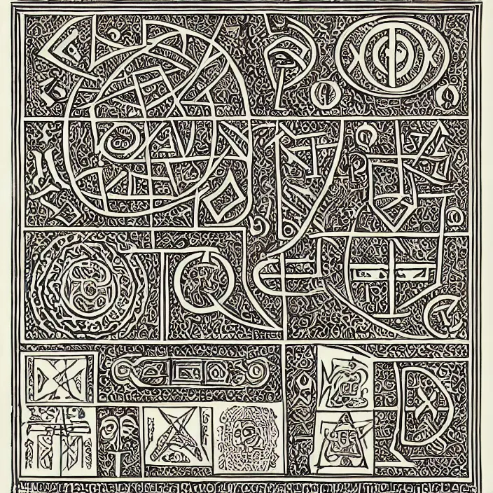 Image similar to high contrast occult ritual diagram, ornate elaborate inked antique diagram of complicated occult ritual runes and markings