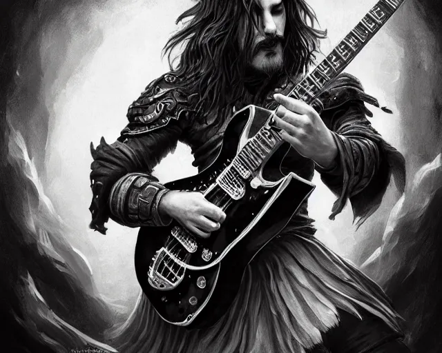 Image similar to photography of bard wearing a band shirt while playing a black electric guitar at a tavern concert, 8 k, deep focus, d & d, fantasy, intricate, elegant, highly detailed, digital painting, artstation, concept art, matte, sharp focus, illustration, hearthstone, art by artgerm and greg rutkowski and alphonse mucha