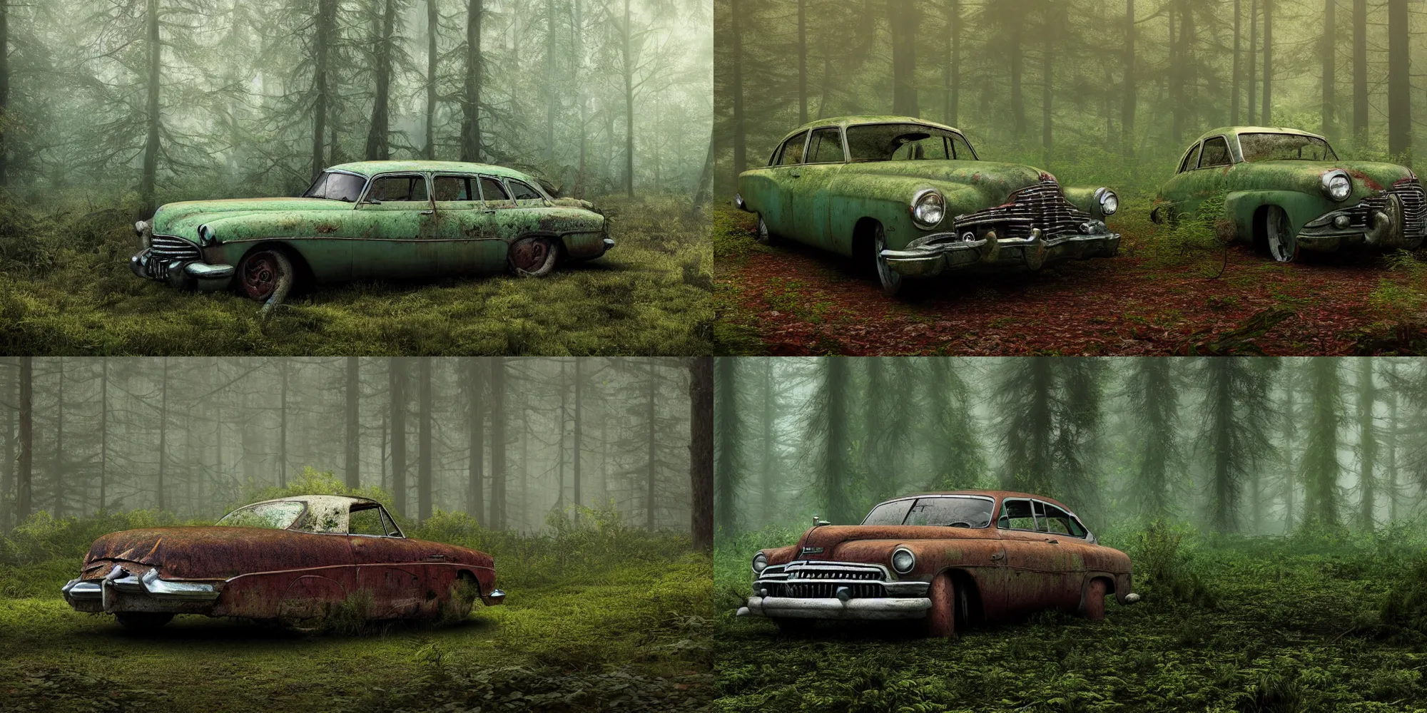 Prompt: Photograph of an abandoned rusty 1950's Buick in a misty forest, covered with vegetation and moss, soft lighting, crepuscular rays, realistic octane render, 8k, ultra detailed, concept art