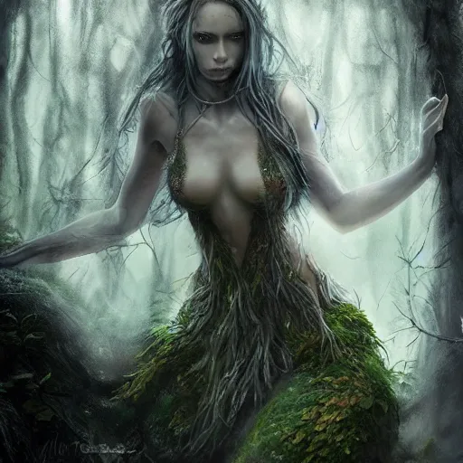 Prompt: high definition charcoal watercolor fantasy character art, beautiful female, hyper realistic, hyperrealism, luminous water elemental, snake skin armor forest dryad, woody foliage, 8 k dop dof hdr fantasy character art, by aleski briclot and alexander'hollllow'fedosav and laura zalenga