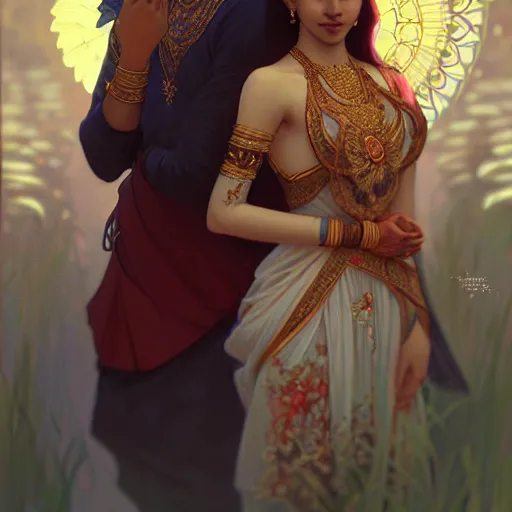 Image similar to portrait of beautiful young bengali romantic couple fantasy, intricate and very very beautiful and elegant, highly detailed, digital painting, artstation, concept art, smooth and sharp focus, illustration, art by tan zi and ayanamikodon and alphonse mucha and wlop