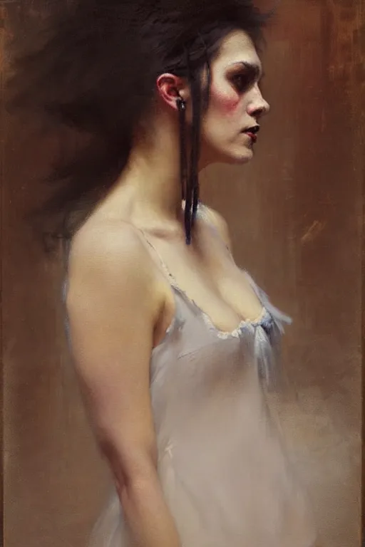 Prompt: solomon joseph solomon and richard schmid and jeremy lipking victorian loose genre loose painting full length portrait painting of a young beautiful woman punk rocker