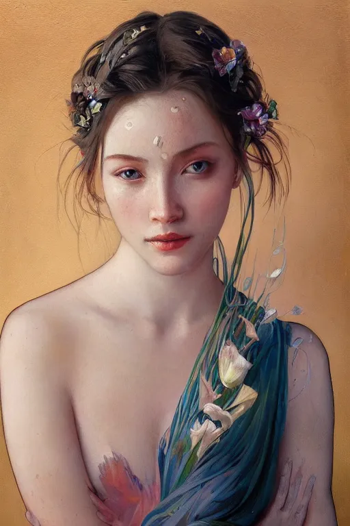 Prompt: an intricate oil painting of a beautifull woman portrait surounded by hiper detailed inkdrop in water, clean skin, fluid acrilic art, colorfull, by yoshitaka amano, by greg rutkowski, by alphonse mucha by jeremyg lipkinng, by rhads, by ross tran, by artgerm, octane render