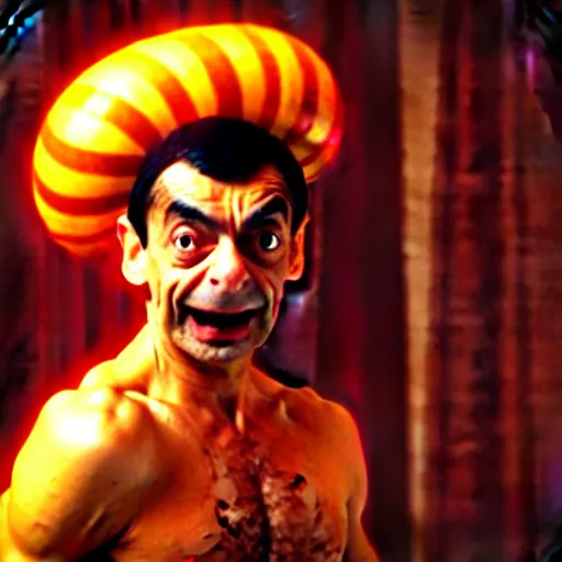 Image similar to mr. bean as dhalsim from the streetfighter movie. movie still. cinematic lighting.