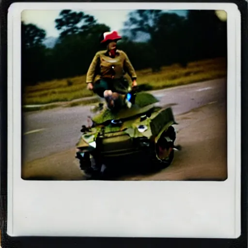 Image similar to polaroid photo of a person looking like donald trump as a soldier in vietnam, riding tank