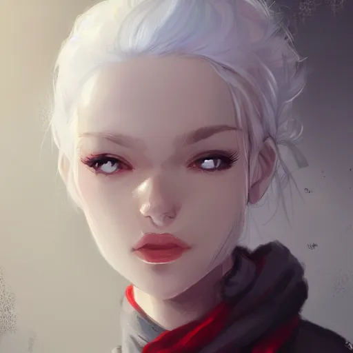 Prompt: portrait of a girl with white hair in a messy white hairbun. She is wearing a short black tshirt, jeans pants, a red scarf. magic atmosphere, digital art, character design. in the style of wlop, rossdraws, artstation trending