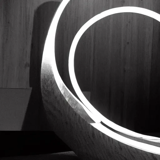 Image similar to black and white sketch of circle shaped sculpture, curves, wood, lights, portal, sketch