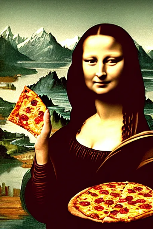 Prompt: movie shot, ambient light, portrait of a woman holding a slice of pizza in her hands, the slice of pizza is held in mid air, near her face, in the artistic style of mona lisa