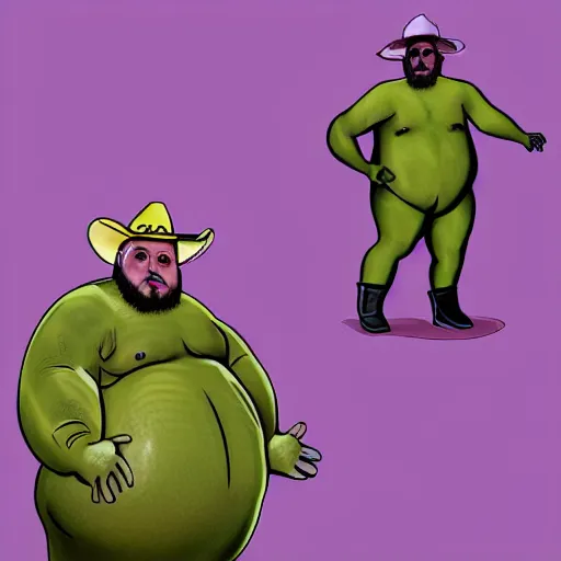 Image similar to hyperreal morbidly obese 2000kilo snake oil salesman wearing authentic purple green sip tech cowboy augmentation and curly snake moustache, fat man standing in front of blank background