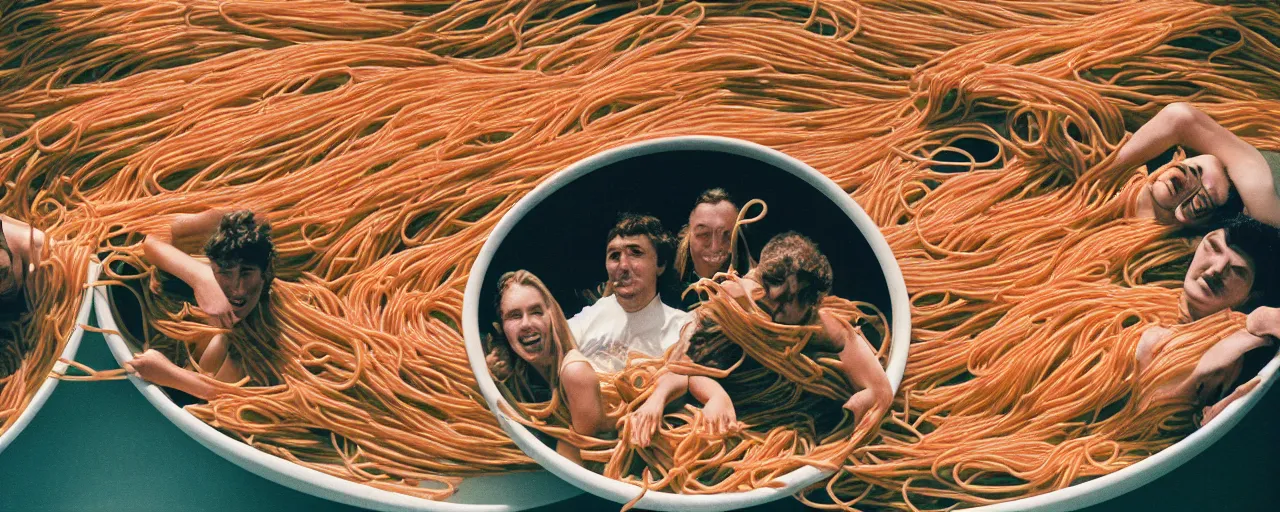 Prompt: a group of people swimming inside a giant bowl of spaghetti, suffocating, canon 5 0 mm, cinematic lighting, photography, retro, film, kodachrome