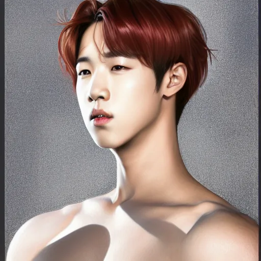 Image similar to wide angle full body portrait of Park Jimin of BTS, with a perfect face and perfect body, thin waist, plump lips, intricate, single face, wearing greek Palla, highly detailed, digital painting, artstation, concept art, smooth, sharp focus, illustration, Unreal Engine 5, 8K, art by artgerm and greg rutkowski and alphonse mucha