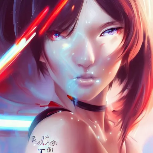 Image similar to A realistic anime painting of a beautiful cyborg woman with glowing red eyes. digital painting by Stanley Artgerm Lau, Sakimichan, WLOP, Makoto Shinkai, Rossdraws, Pixivs, digital painting. trending on Pixiv. SFW version —H 1024