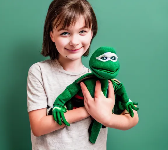 Prompt: cute young white girl proudly holding her pet teenage mutant ninja turtle, XF IQ4, 150MP, 50mm, F1.4, ISO 200, 1/160s, natural light