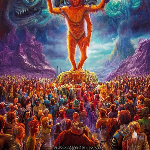 Prompt: assembled crowds kneel before their new god, emerging from the sky, on ancient post - apocalyptic planet, jim henson creature shop, vivid and colorful, thomas kincaid, cinematic, oil painting, highly detailed, illustration