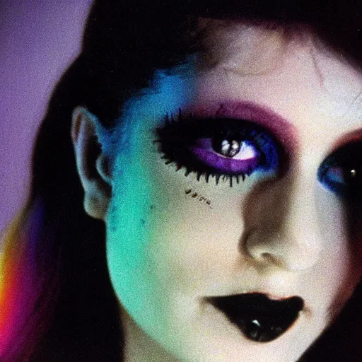 Prompt: a medium shot of a beautiful young 80's goth woman, gently smiling with glowing rainbow eyes, as directed by stanley kubrick in 1985. the woman has styled rainbow and silver hair of many colors. she is wearing an intricate white lace elizabethan ruff. 4k, 8k, professional, filmic