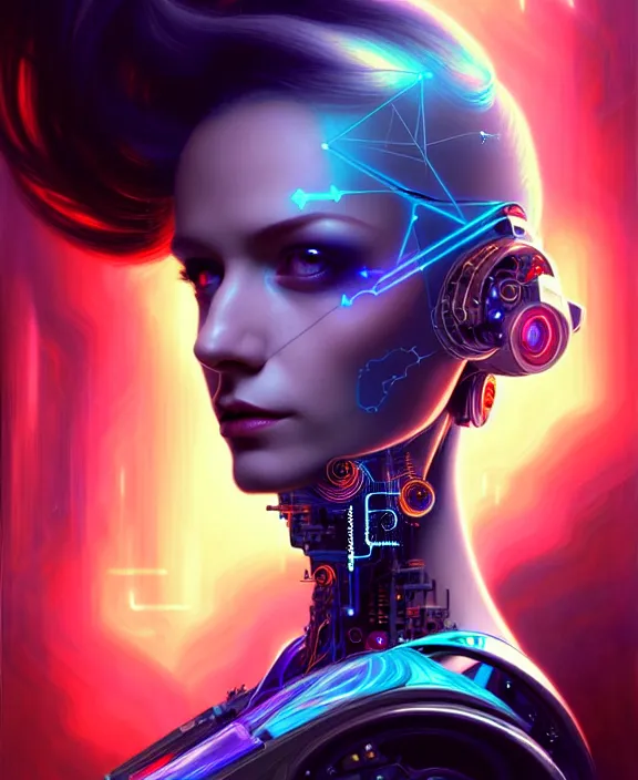 Image similar to a whirlwind of souls rushing inside the metaverse, hologram, half body, neurochip, shaved temple, piercing, jewelry, android, cyborg, cyberpunk face, by loish, d & d, fantasy, intricate, elegant, highly detailed, colorful, digital painting, artstation, concept art, art by artgerm and greg rutkowski and alphonse mucha