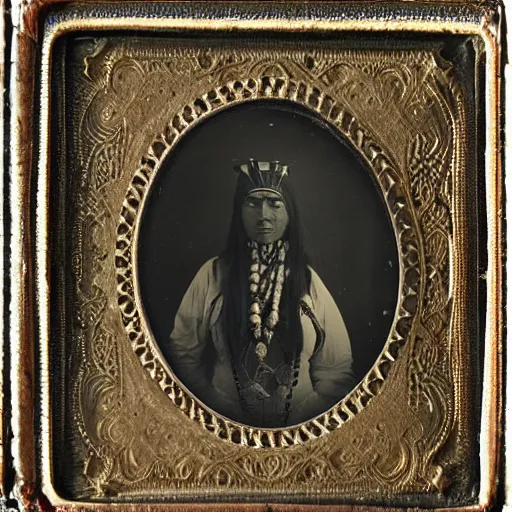 Image similar to daguerreotype ambrotype of a native american high priestess very intricate, highly detailed,