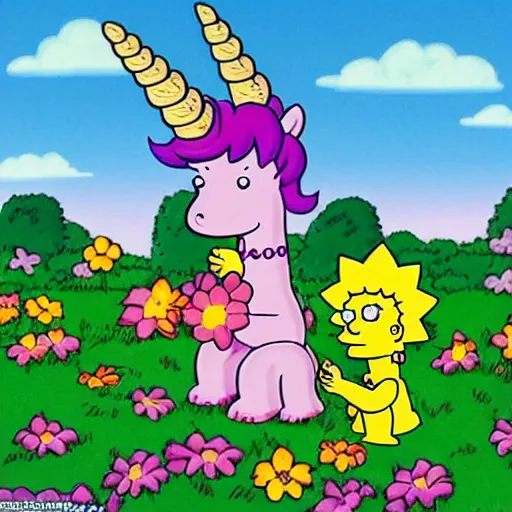 Prompt: Unicorn in the bush with a lot of flowers around, the sky is full of clouds and there are butterflies everywhere, simpsons style