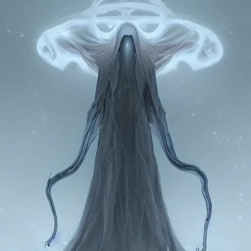 Image similar to concept designs for an ethereal ghostly wraith like figure with a squid like parasite latched onto its head and long tentacle arms that flow lazily but gracefully at its sides like a cloak while it floats around a frozen rocky tundra in the snow searching for lost souls and that hides amongst the shadows in the trees, this character has hydrokinesis and electrokinesis for the resident evil village video game franchise with inspiration from the franchise Bloodborne and the mind flayer from stranger things on netflix