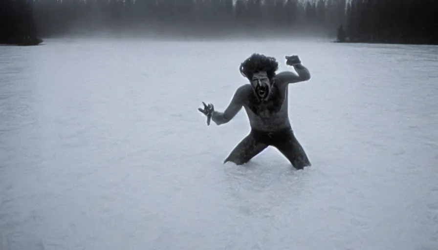 Image similar to 1 9 6 0 s movie still close up of skinny marcus aurelius screaming frozen to death in a river with gravel, pine forests, cinestill 8 0 0 t 3 5 mm b & w, high quality, heavy grain, high detail, texture, dramatic light, anamorphic, hyperrealistic, foggy