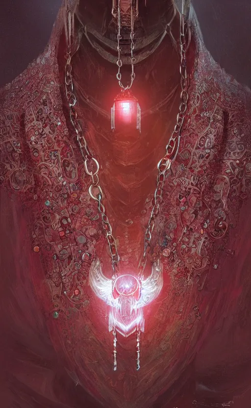 Image similar to a close view of a necklace with a small red crystal pulsing light, cloth accessories, front game card, drark, marvel comics, dark, intricate, highly detailed, smooth, artstation, digital illustration by ruan jia and mandy jurgens and artgerm and wayne barlowe and greg rutkowski and zdislav beksinski