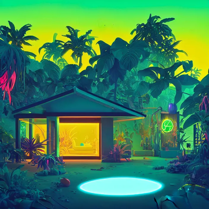 Image similar to a bioluminescent neon tropical cottage by paolo eleuteri serpieri and tomer hanuka and chesley bonestell and daniel merriam and tomokazu matsuyama, unreal engine, high resolution render, featured on artstation, octane, 8 k, highly intricate details, vivid colors, vector illustration