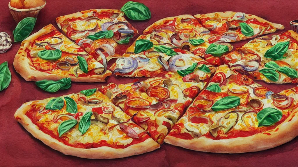 Prompt: maximalist delicious pizza, by kseniia yeromenko, watercolor, illustration