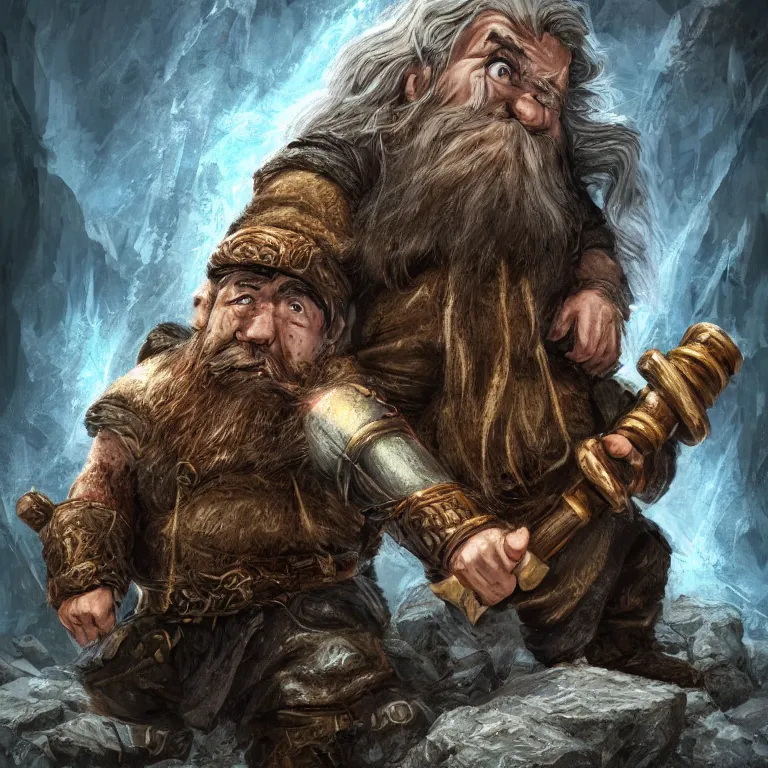 Image similar to dwarf with hammer in mountains, lord of the rings style, fantasy, poster, character portrait, portrait, close up, concept art, intricate details, highly detailed, full body, 8 k, detailed face, body