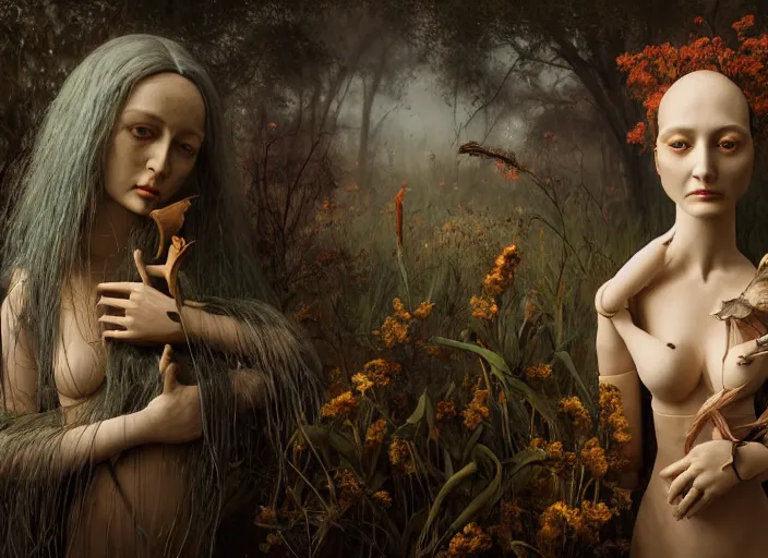 Image similar to a cinematic portrait of a beautiful female jointed handmade wooden doll, holding each other, abandoned, surrounded by big moths and withered lilies, by james c. christensen, by tomasz alen kopera, by raphael, 8 k, rendered in octane, cinematic, 3 d, volumetric lighting, highly detailed