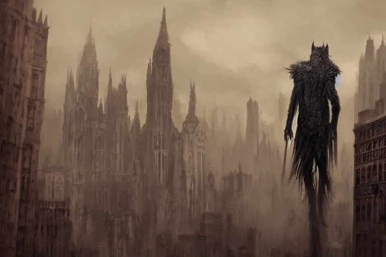 Image similar to A giant creature standing above a gothic city, digital painting, soft lighting, moody, high detail