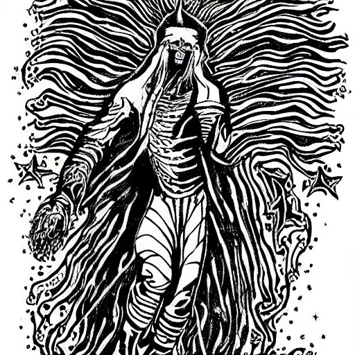 Image similar to black and white pen and ink!!!!!!! Suprani!!!!! wizard Nick Drake wearing High Cosmic print robes made of stars flaming!!!! final form flowing ritual royal!!! Vagabond!!!!!!!! floating magic swordsman!!!! glides dancing through a beautiful!!!!!!! Camellia!!!! Tsubaki!!! death-flower!!!! battlefield behind!!!! dramatic esoteric!!!!!! Long hair flowing dancing illustrated in high detail!!!!!!!! by Hiroya Oku!!!!!!!!! graphic novel published on 2049 award winning!!!! full body portrait!!!!! action exposition manga panel black and white Shonen Jump issue by David Lynch eraserhead and beautiful line art Hirohiko Araki!! Frank Miller, Kentaro Miura!, Jojo's Bizzare Adventure!!!! 3 sequential art golden ratio technical perspective panels horizontal per page