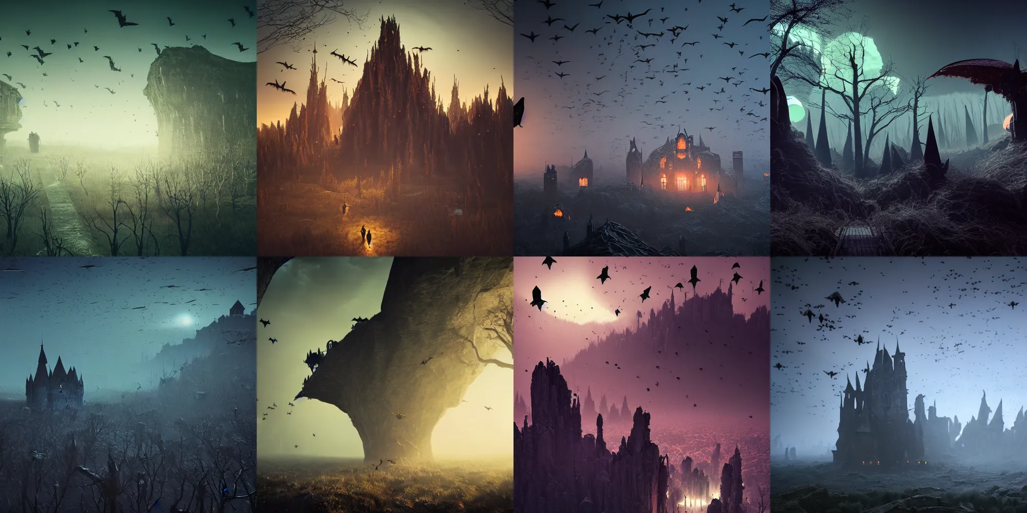 Image similar to beautiful dark landscape, dracula surrounded by millions of bats, in the style of beeple and Mike Winkelmann, photo real, ultra realistic, intricate, epic lighting, 8k resolution, unreal engine 5,