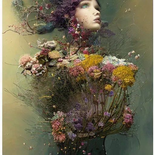 Image similar to a painting of a ghost surrounded by flowers, a surrealist painting by yoann lossel, trending on cgsociety, pop surrealism, made of flowers, cosmic horror, lovecraftian