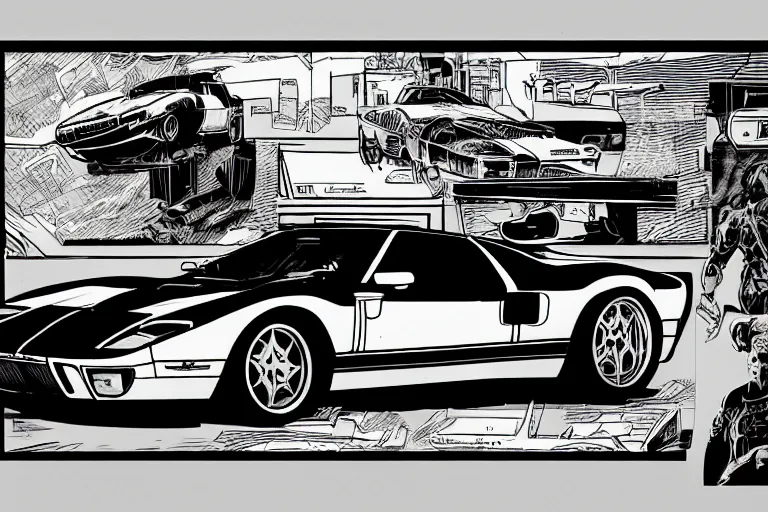 Image similar to ford gt 9 0 ( 1 9 9 5 ) concept car, a page from cyberpunk 2 0 2 0, style of paolo parente, style of mike jackson, adam smasher, johnny silverhand, 1 9 9 0 s comic book style, white background, ink drawing, black and white