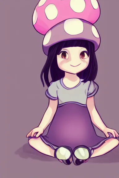 Image similar to a little girl wearing a mushroom hat in dress sitting | | purple curvy hair, pretty face, fine details, digial art by lois van baarle, anatomically correct, perfect composition, symmetrical, fantastic, clean details, anime character, extremely detailed