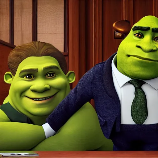 Image similar to photorealistic shrek uncomfortable at a job interview, wearing a business suit. octane render. high resolution.