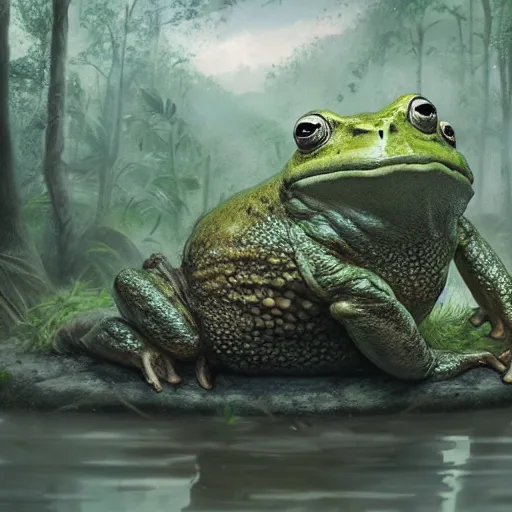 Image similar to giant monster frog in swamp, artwork by greg rutkowski, trending on art station, magic the gathering, 4 k, matte painting