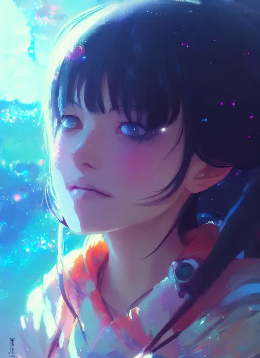 Image similar to portrait of cute girl, very psychedelic space background illustration concept art anime key visual trending pixiv fanbox by wlop and jeremy mann painting greg rutkowski and makoto shinkai and studio ghibli and kyoto animation