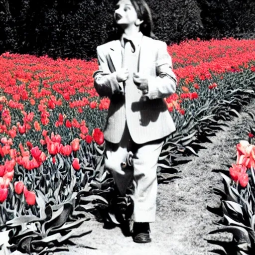 Image similar to photo of herbert butros khaury as singer tiny tim, tiptoeing through the tulips, walking on tiptoes