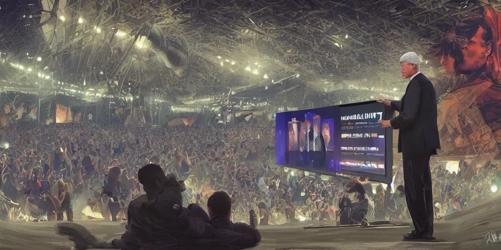 Prompt: bill clinton showing pictures of new loyalty marketing program with government id cards on a massive screen at coachella stage, orwellian, elegant, highly detailed, digital painting, artstation, concept art, dystopian, sharp focus, brutalist illustration, art by artgerm and greg rutkowski and alphonse mucha, 8 k