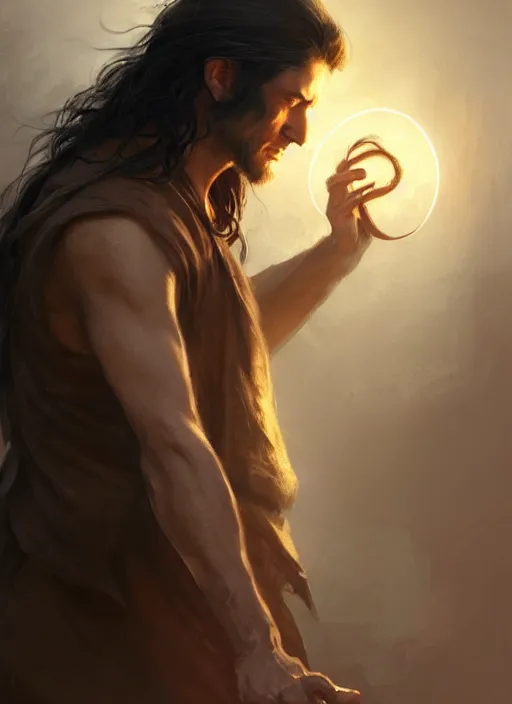 Image similar to side profile of a man with long black hair in brown rags holding a magical orb, fantasy, intricate, sharp focus, lens flare, bloom, illustration, highly detailed, digital painting, concept art, matte, art by ruan jia and wlop and greg rutkowski, masterpiece