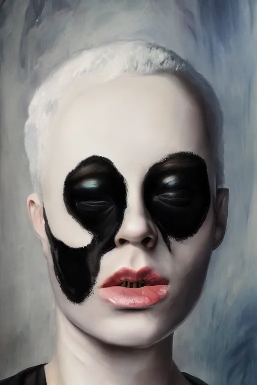 Image similar to hyperrealism oil painting, close - up portrait of albino medieval fashion model, black silk, steel gradient mixed with nebula sky, in style of baroque